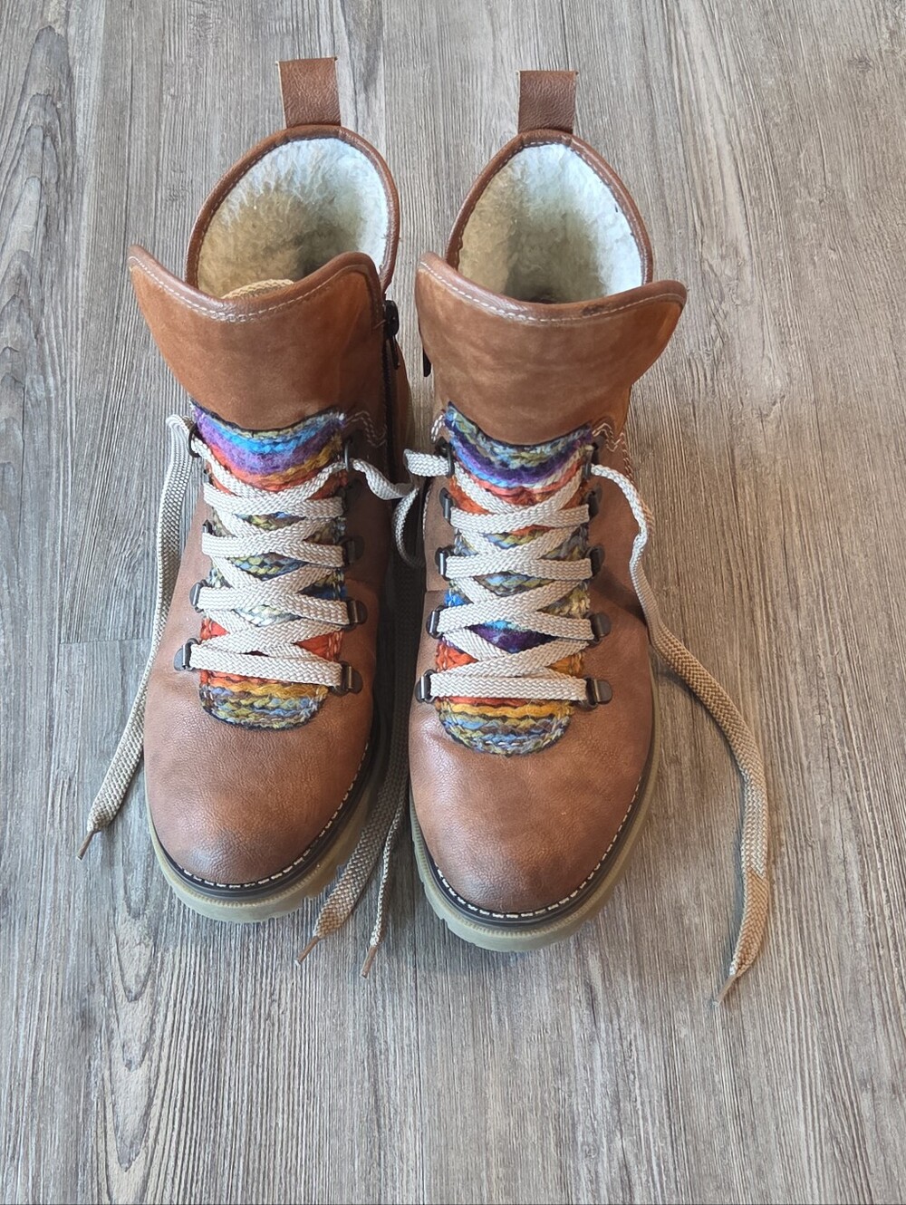 RIEKER 'Peggy 33' Burnished Faux Leather Knit Sherpa Lined Boots Sz 6.5 - 37 EU